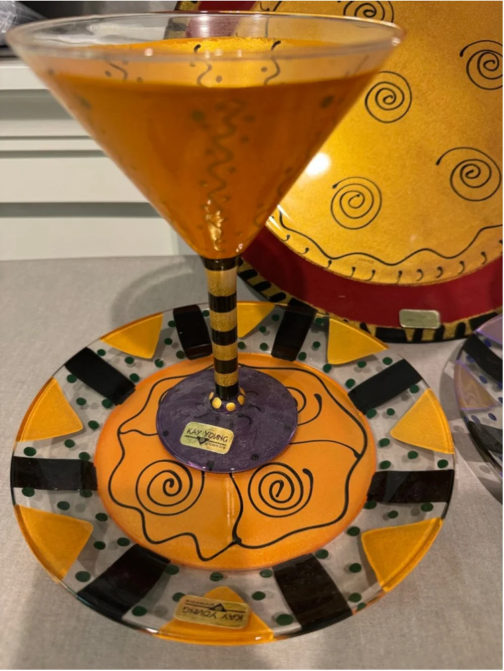 Kay Young serveware decor 5 piece Set Gold Red Black Martini Glasses Plates